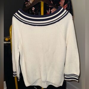 Navy and White Striped Women's Boat Neck Sweater